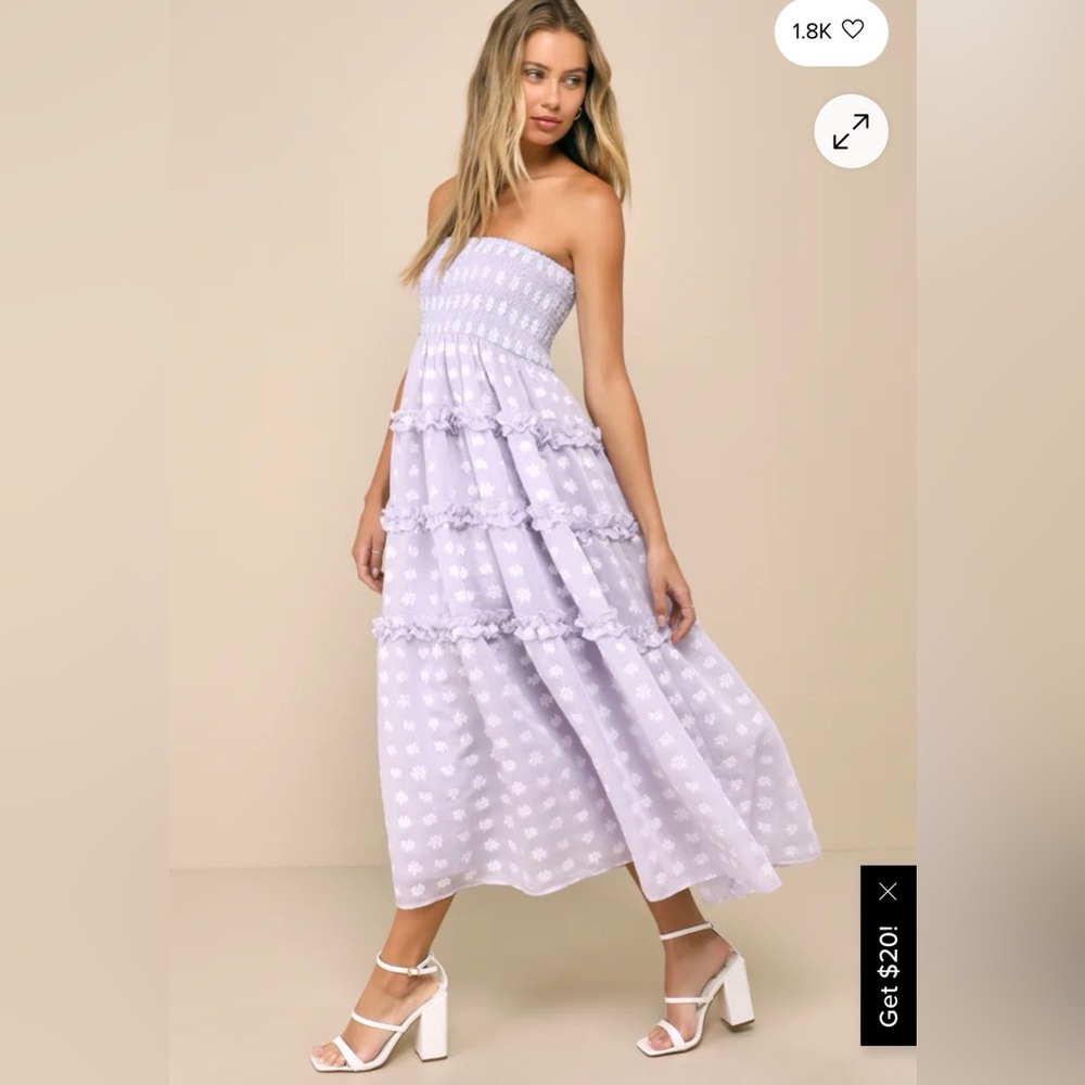 Lulu's Lilac Strapless Smocked Spring Floral Midi Dress